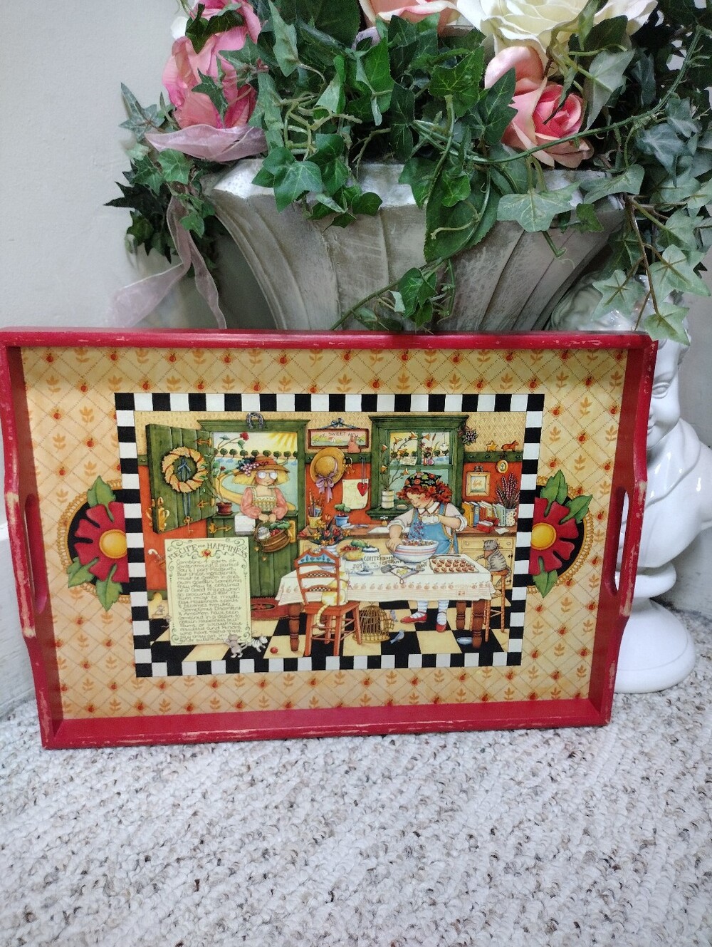 Vintage Mary Engelbreit "Recipe For Happiness" Red Wooden Serving Tray